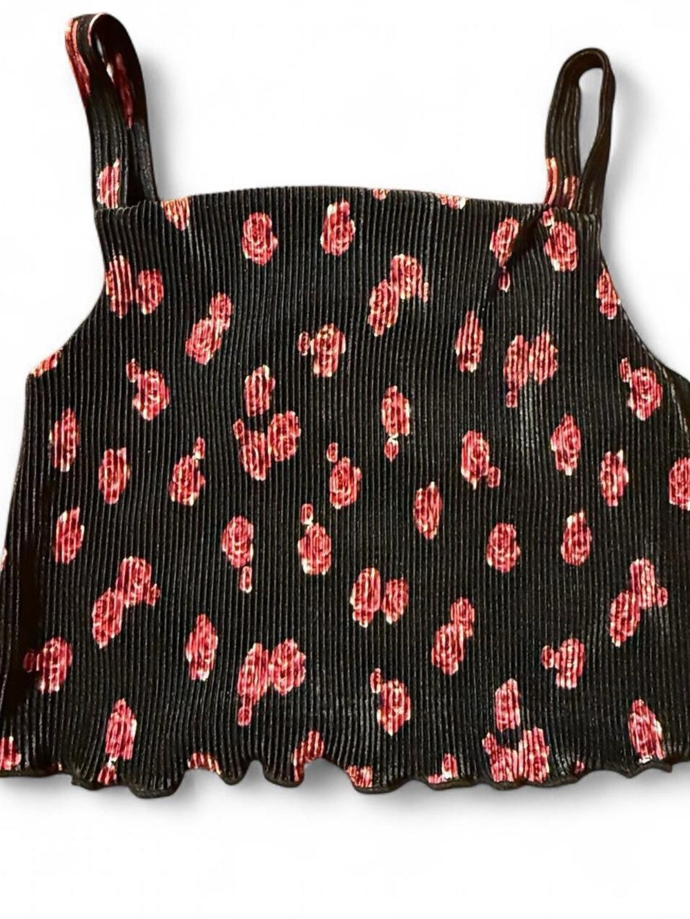 Red Rose Print Black Ruched Lettuce Hem Camisole Crop Top
